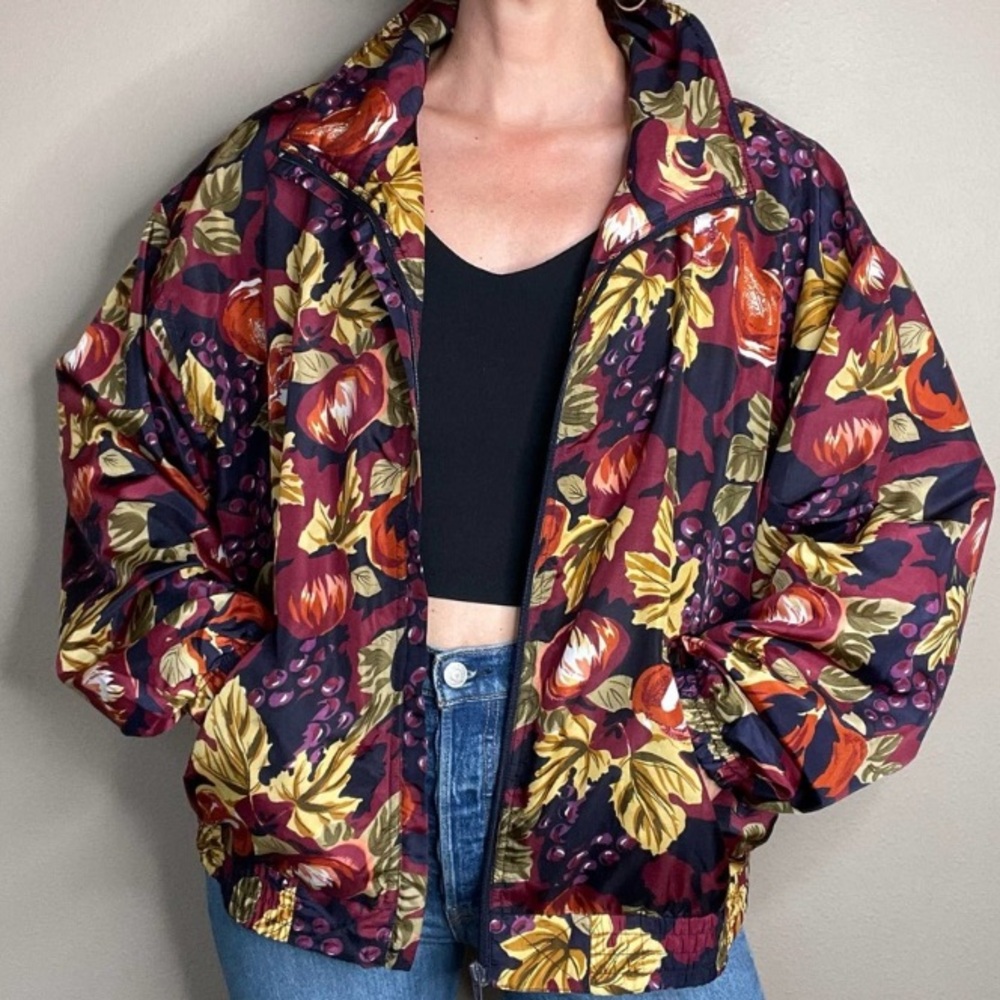 Vintage EVR 100% Silk Zip Up Bomber Jacket Fall Orchard Grapes Fruit Women’s L